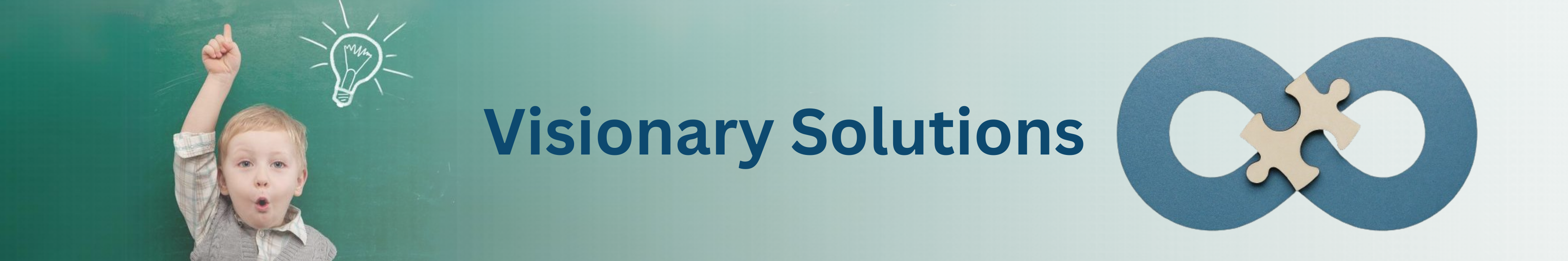 Website banner - A child with a raised arm with a light bulb over him. The title says: Visionary Solutions.